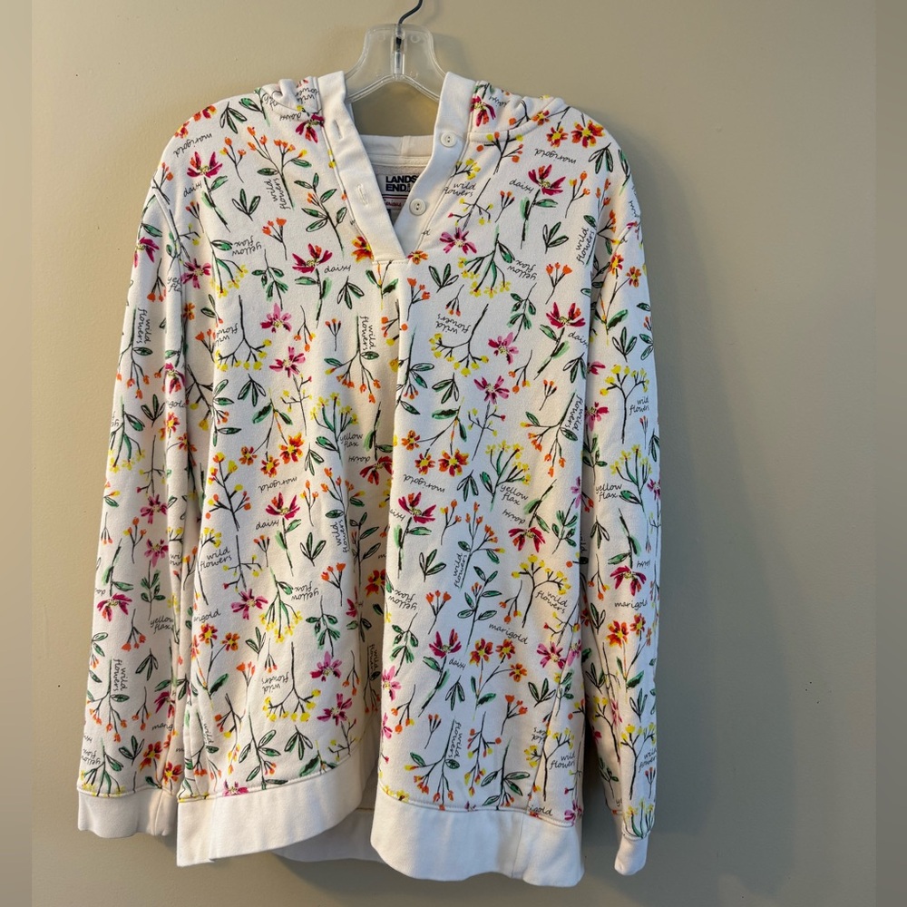 Lands' End Off-White button front Hoodie with Multicolor Floral Accents